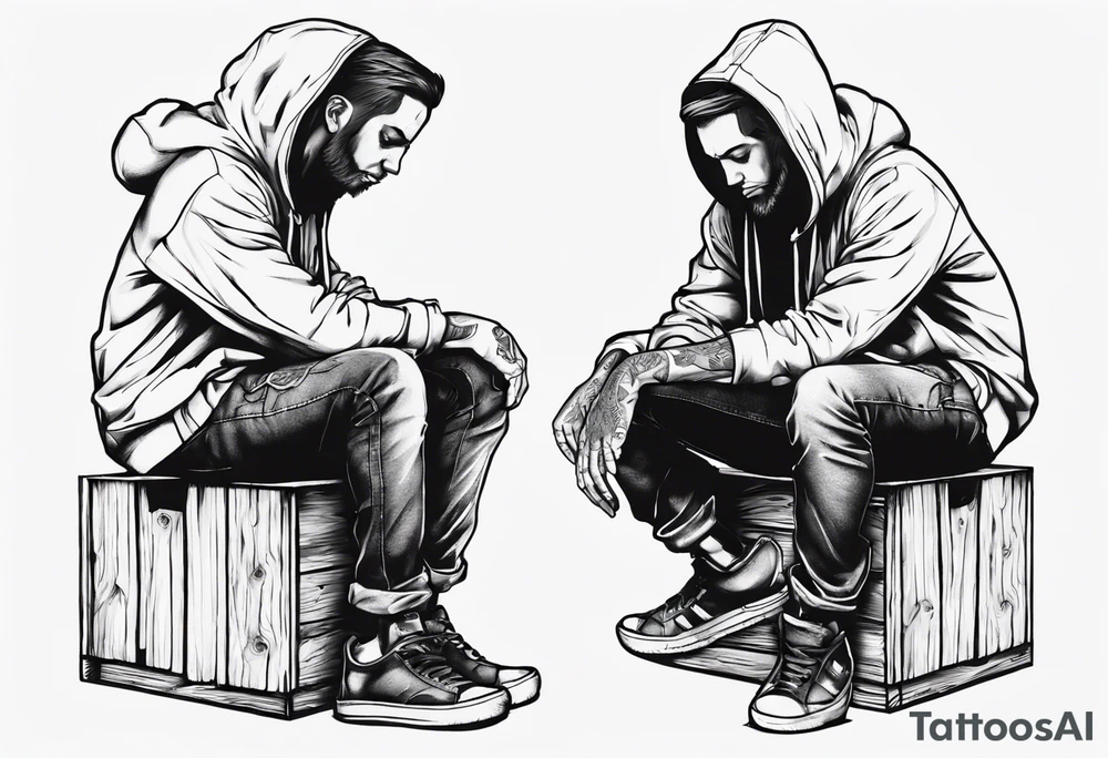 A guy in a hoodie sitting on a wooden box, looking down. tattoo idea