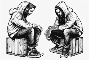 A guy in a hoodie sitting on a wooden box, looking down. tattoo idea
