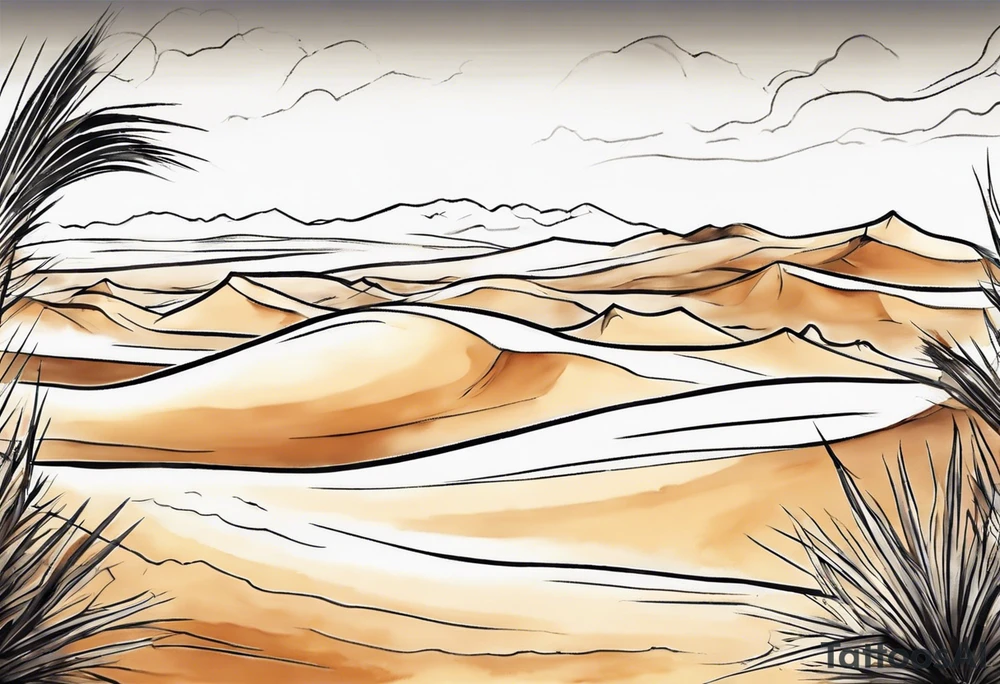 "Design a tattoo depicting a distant view of a vast desert landscape with low, undulating sand dunes. tattoo idea