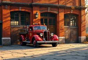 A fire station with an old-school red fire truck parked in front, with warm brick textures and golden sunlight casting long shadows. tattoo idea