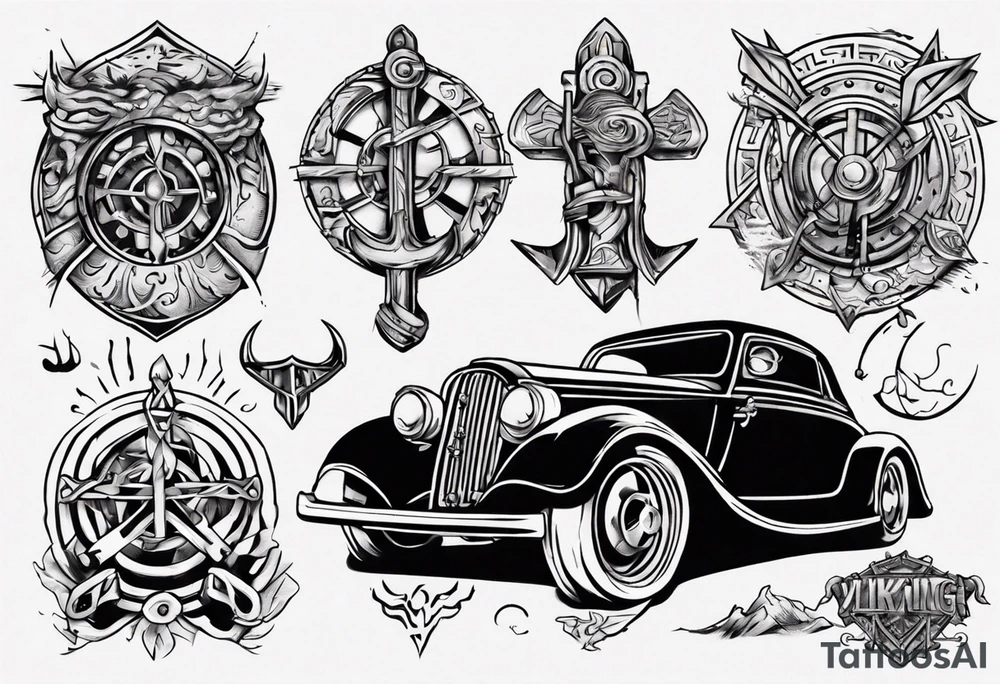 A Viking building a vintage car tattoo idea