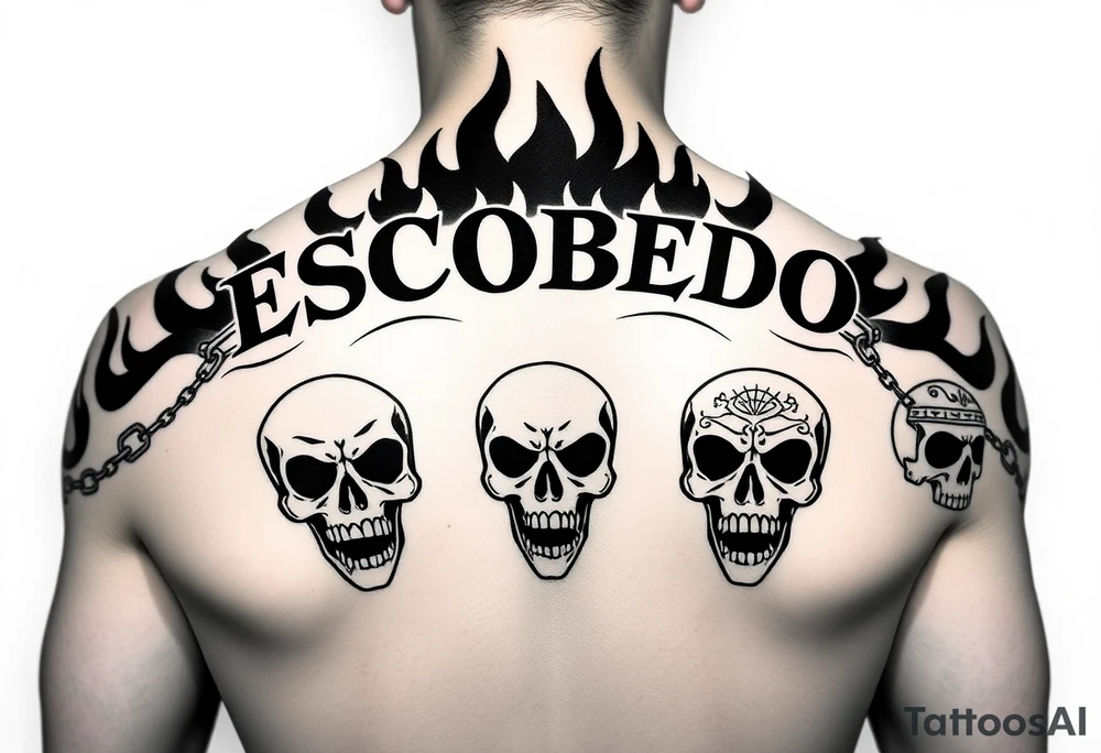In the style of emo-gothic punk, a full upper back tattoo with the name 'Escobedo' in bold across the shoulders, untouched by surrounding elements. Black flame outlines rise behind the name, symmetrical and sharp, with no shading or grayscale. Chains loop through flame gaps in clean, flowing black lines. Cracked skull on the left shoulder blade, snarling skull in the center spine area, screaming or laughing skull on the right shoulder blade—each with Aztec or Chicano-style forehead patterns. All linework only, no color, stencil-ready, forming a halo of fire, death, tattoo idea