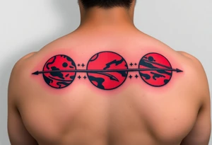 three horizontal planets. Color Black and red with more black tattoo idea