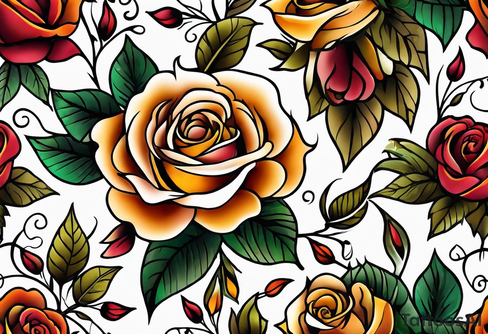 sleeve tattoo in fall colors with roses background swirls, leaves tattoo idea