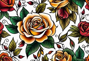 sleeve tattoo in fall colors with roses background swirls, leaves tattoo idea