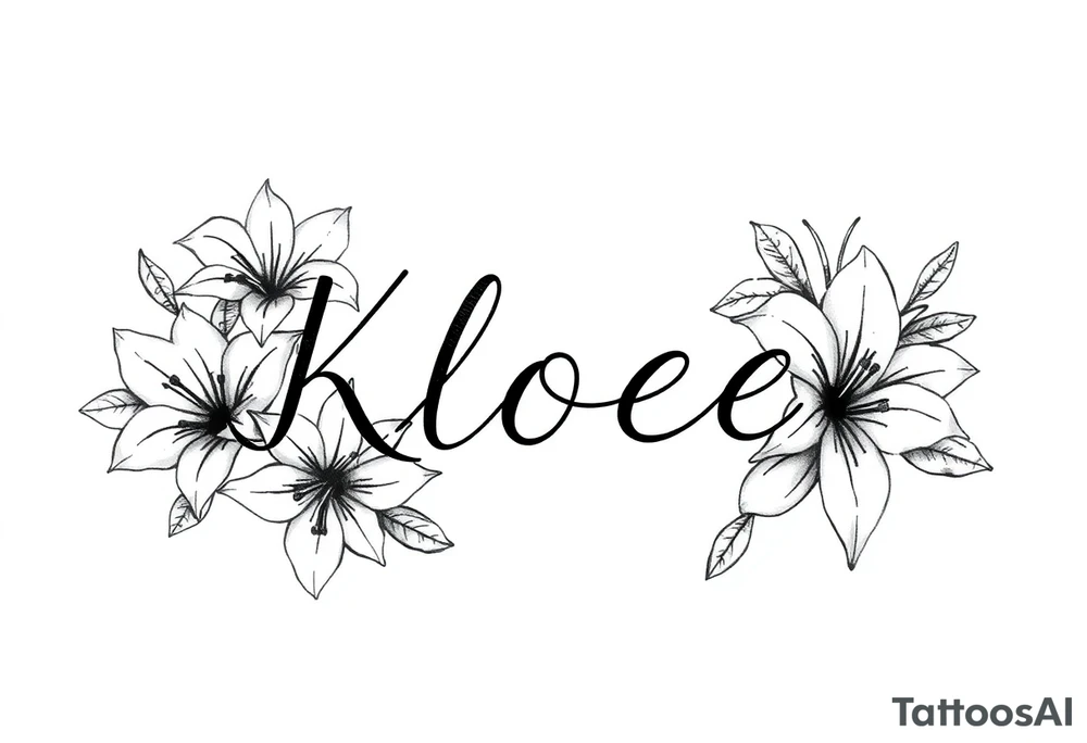The word Kloee surrounded by lily flowers tattoo idea