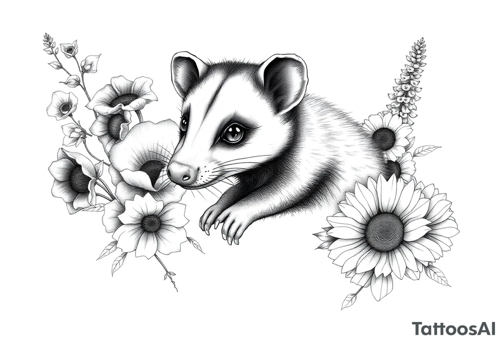 Sweet Virginia opossum with doe eyes surrounded by hellebores, lantana, foxglove and sunflowers with shading tattoo idea