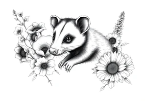 Sweet Virginia opossum with doe eyes surrounded by hellebores, lantana, foxglove and sunflowers with shading tattoo idea