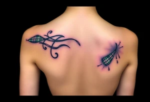 Lower chest

Dark Purple with green pink blue and white highlights tartan fabric with skin around edges peeling and wrapping around side of shoulder tattoo idea