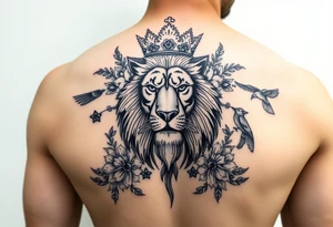 powerful majestic lion with a crown, surrounded by floral ornaments and birds tattoo idea