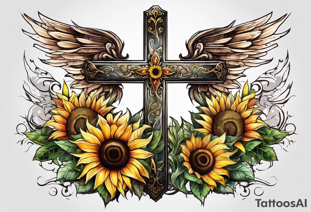 Winged cross with sunflower tattoo idea