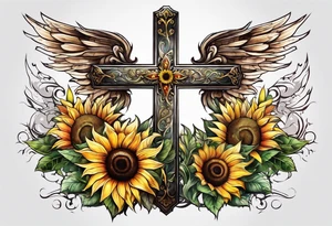 Winged cross with sunflower tattoo idea