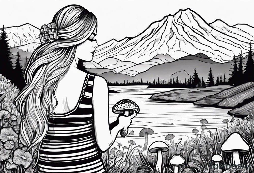 Straight long blonde hair hippie girl in distance holding mushrooms in hand facing away toward mountains and creek surrounded by mushrooms black and white striped dress tattoo idea