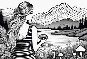 Straight long blonde hair hippie girl in distance holding mushrooms in hand facing away toward mountains and creek surrounded by mushrooms black and white striped dress tattoo idea