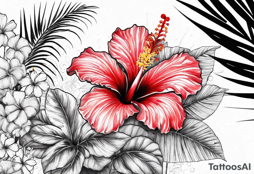 Hibiscus is very tropical with palm trees, tiger, surrounded with flowers water tattoo idea