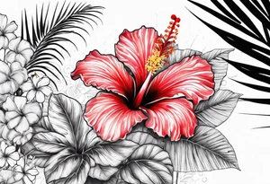 Hibiscus is very tropical with palm trees, tiger, surrounded with flowers water tattoo idea