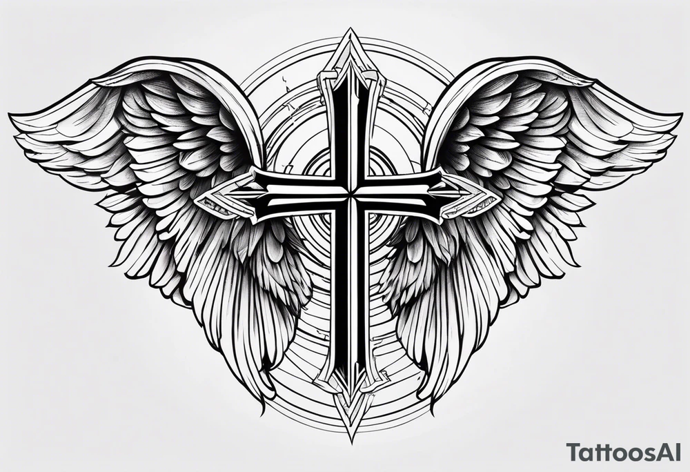 angel wings tattoo with a cross and the letters DJ in it tattoo idea