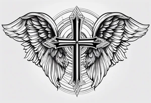 angel wings tattoo with a cross and the letters DJ in it tattoo idea