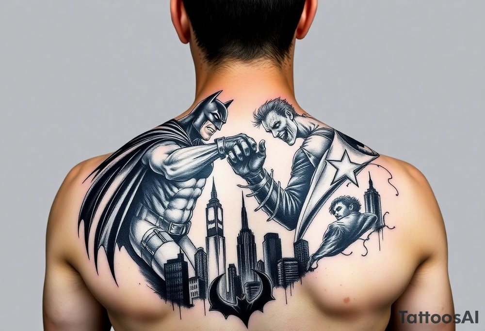 Large format batman and joker fighting in Gotham with buildings tops and bat signal light detailed tattoo idea