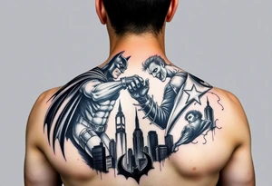 Large format batman and joker fighting in Gotham with buildings tops and bat signal light detailed tattoo idea