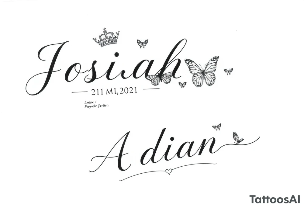 Feminine womens tatto that starts as sleeve and goes down to ankle and in tattoo the names JOSIAH in cursive written with the date 7-2021 in roman numerals AND NEXT TO NAME A PRINCE CROWN and butterfly's and the cancer zodiac number in between with the capricorn sing in between and hearts and the next part lower part of tatto the name ADIAN WITH THE DATE 3-2023 IN ROMEN NUMERALS WITH A SMALLER PRINCE CROWN THEN THE JOSIAHS CROWN AND THEN LITTLE BUTTERFLYS WITH THE PACIES ZODIAC SING IN AND THE CAPRICORN ZODIAC SIGN BOTH SMALL AND IN BETWEEN THE BUTYERFLYS AND HEARTS MAKE IT MIX TOGTHER DO THE SAME WITH THE CANCER AND CPROCORN SIGN ABOVE tattoo idea