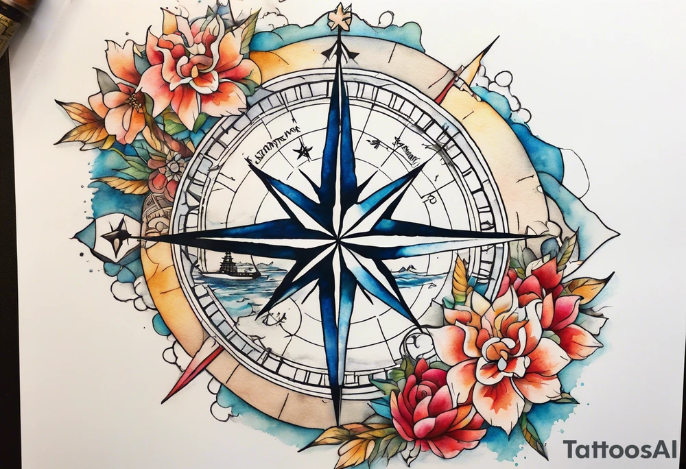 Travel themed for thigh, compass rose overlaid with a landmarks in and around it, spilled watercolor and tiny C130 silhouette tattoo idea