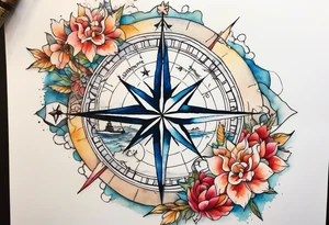 Travel themed for thigh, compass rose overlaid with a landmarks in and around it, spilled watercolor and tiny C130 silhouette tattoo idea
