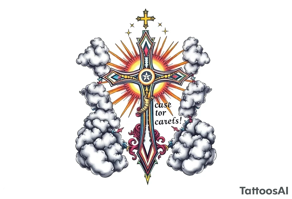 cast all your anxiety on him because he cares for you"  surrounded with clouds and cross tattoo idea