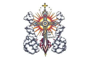 cast all your anxiety on him because he cares for you"  surrounded with clouds and cross tattoo idea
