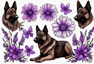 Dark brown German Shepherd with purple daisies tattoo idea