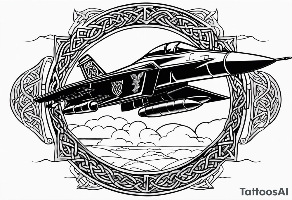 Fighter jet with a Celtic cross in the clouds. With the date 09-07-2023 in clouds tattoo idea