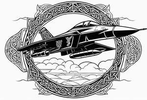 Fighter jet with a Celtic cross in the clouds. With the date 09-07-2023 in clouds tattoo idea