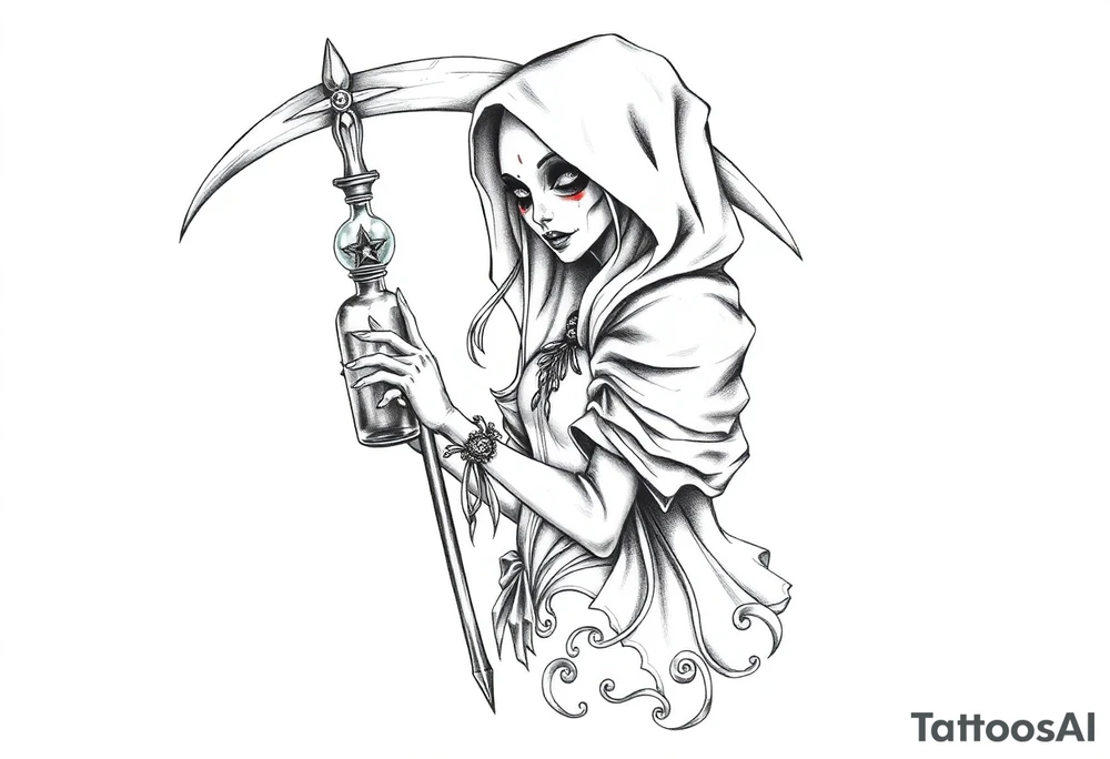 Female grim. Reaper and her
 death bringer poison bottle tattoo idea