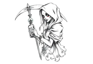 Female grim. Reaper and her
 death bringer poison bottle tattoo idea