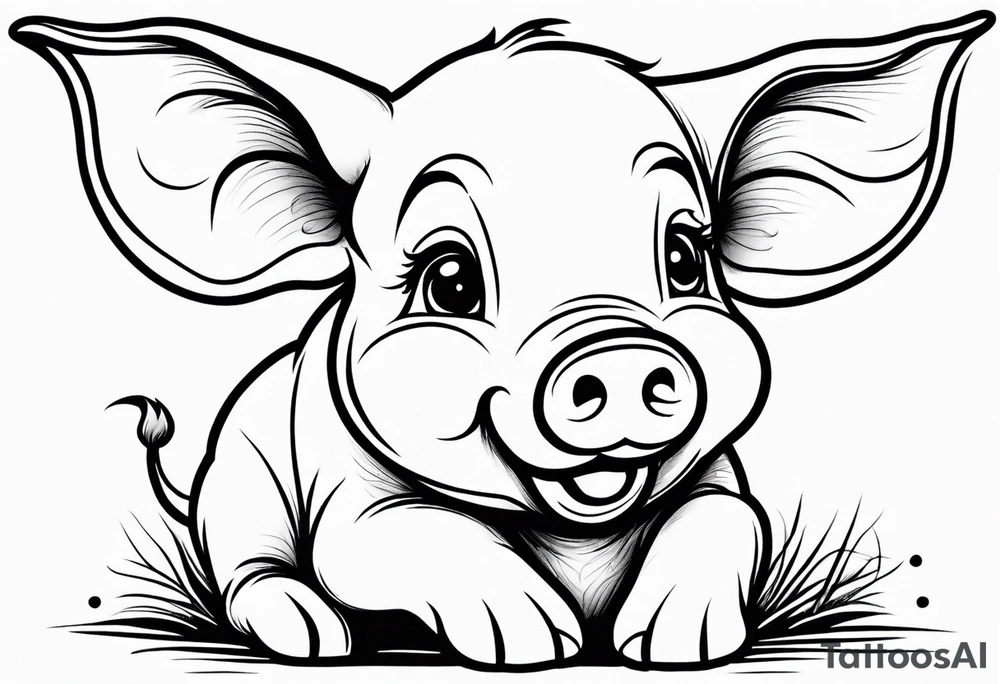 very cute happy piglet with small ears.
outline only.
black and white only.
only show the piglet. no extra lines or decoration.
no black shading.
draw only with very thin lines (1px)

should look like a tattoo that will only take 2 minutes to draw tattoo idea