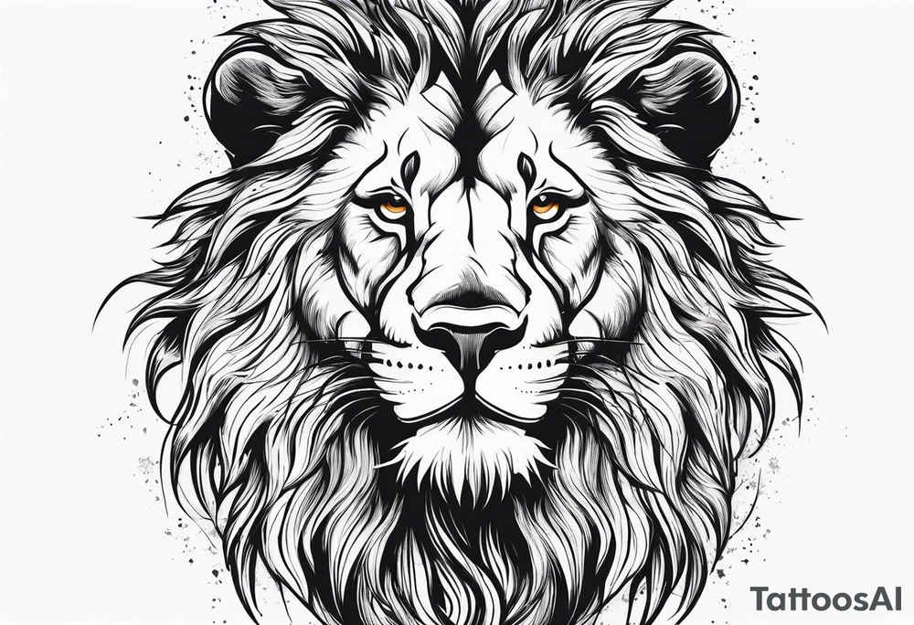 A roaring lion’s face with a flowing mane, emphasizing strength and courage, detailed fur textures tattoo idea