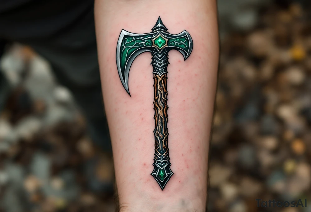 A dark green Perun's axe tattoo with carved wooden textures and silver highlights, symbolizing strength and masculine protection. tattoo idea