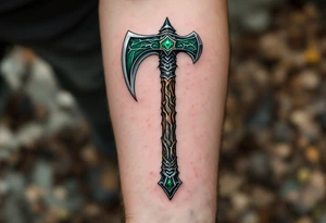 A dark green Perun's axe tattoo with carved wooden textures and silver highlights, symbolizing strength and masculine protection. tattoo idea