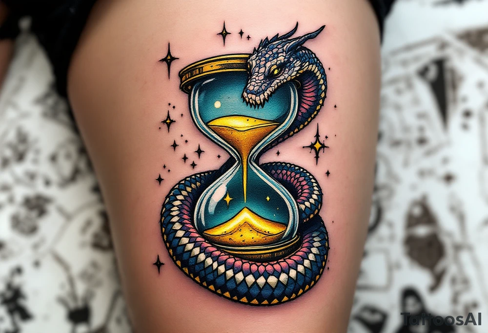 An ouroboros (snake eating its tail) wrapped around a glowing hourglass, with golden sand shifting, representing time’s role in karmic balance. tattoo idea