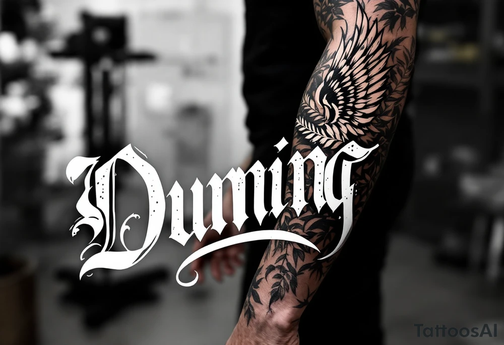 Dunning, left forearm details include angel wing, greek type of font,jungle leaves, name is big and in white color tattoo idea