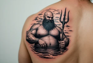 young, happy, fat, balding, poseidon in calm water, holding a trident, drinking a beer, with sunset, with ski boat tattoo idea