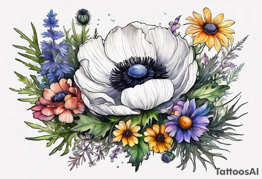 a white anemone with black center with cascading mixed colorful wildflowers all with different shapes including thistles, ferns, ranuculus, and sun flowers all in watercolor tattoo idea