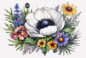 a white anemone with black center with cascading mixed colorful wildflowers all with different shapes including thistles, ferns, ranuculus, and sun flowers all in watercolor tattoo idea