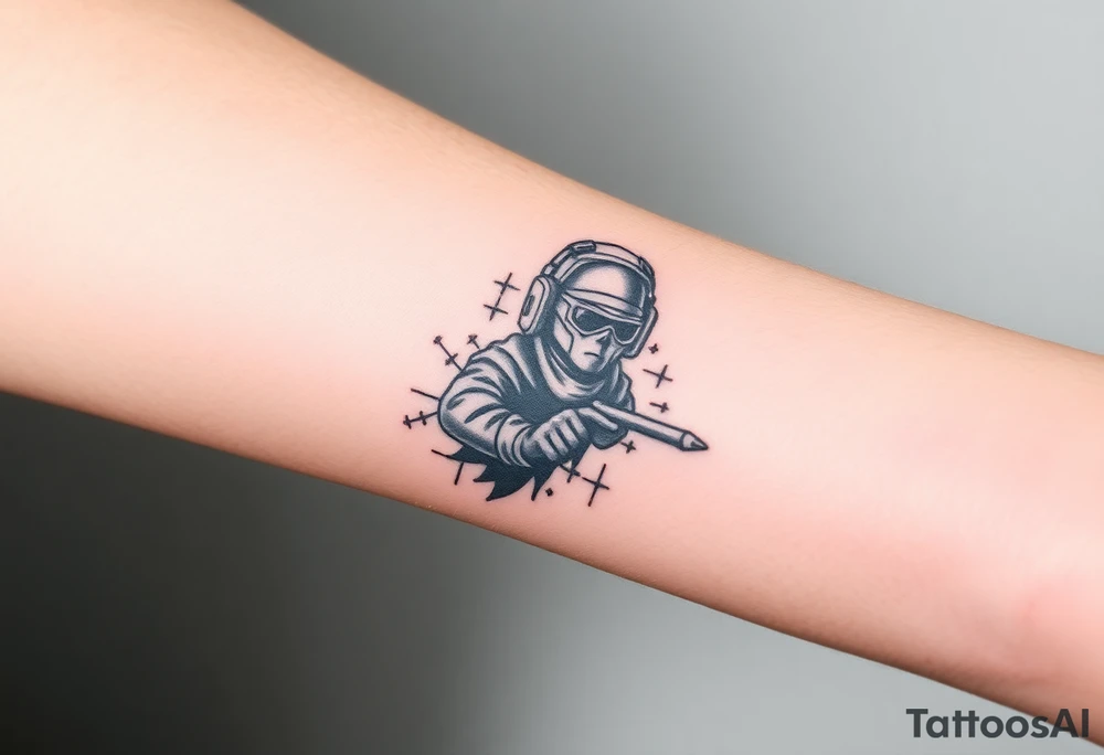 Tattoo for the top side of the forearm, black and gray, flash, hacker computer tech tattoo idea