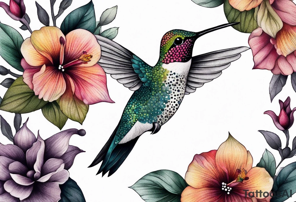 botanical, flowers, colorful, different, hummingbird tattoo idea