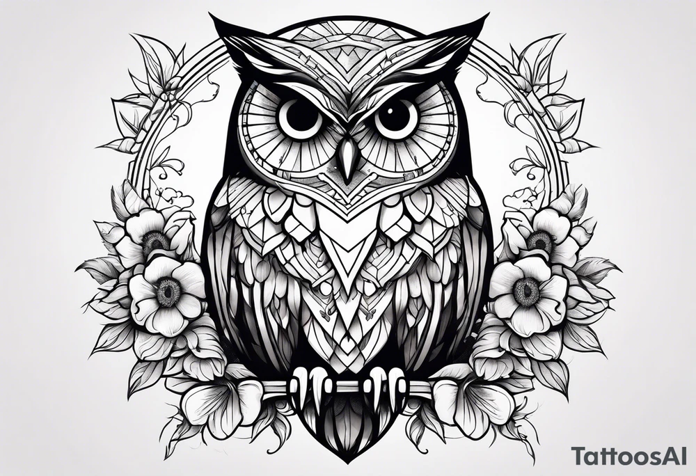 owl with flowers tattoo idea