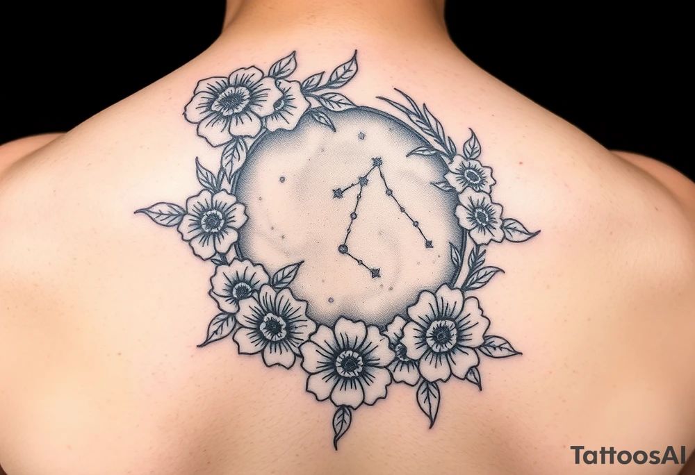 Night sky with a constellation seen through a floral frame tattoo idea Night sky with a constellation seen through a floral frame tattoo idea