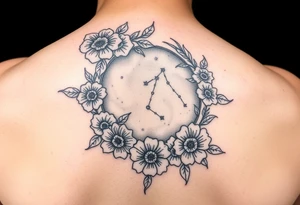 Night sky with a constellation seen through a floral frame tattoo idea