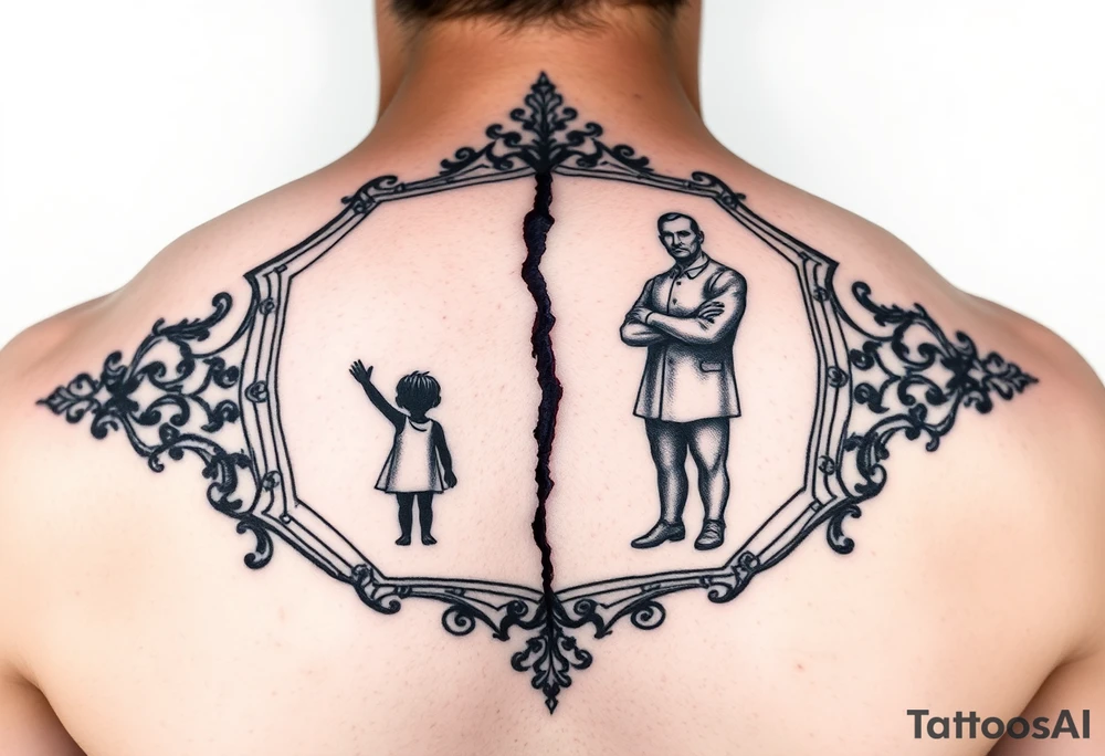 Ornate mirror tattoo with visible crack down the middle, left side reflects small child reaching upward with hopeful gesture, right side reflects strong stoic adult figure, both are silhouettes or semi-abstract figures, geometric frame design, black and grey tattoo, shading shows the transformation between the two selves, upper arm placement, symbolic transformation piece tattoo idea