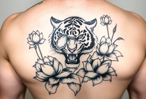 fierce tiger emerging through blooming lotus flowers in mist tattoo idea